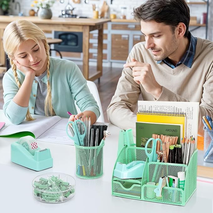 SYMDROMIA 13-in-1 Office Desk Organizer Set with Stapler and Tape Dispenser, Pen Holder, Scissors, Ruler, Hole Punch, 2 Pens & More Desktop Accessories for Back to School Supplies (Green)