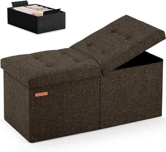 HAUSFRAU Ottoman with Storage Bench Folding Foot Rest Stool Linen Espresso | 31.5", Flip Lid, Small Upholstered Foldable Footrest Footstool, Bedroom Bench, Living Room Dorm Ottoman, Rectangle