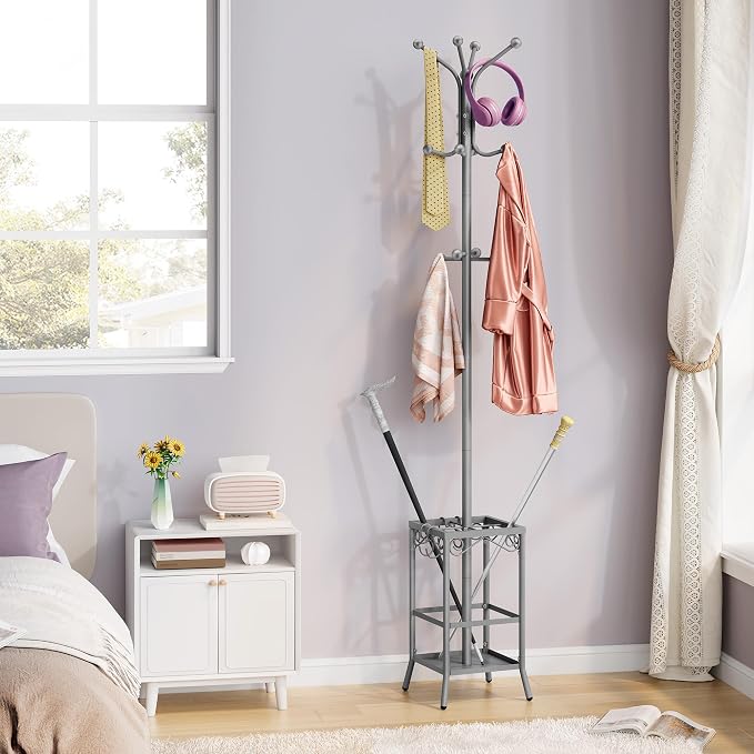 Hoctieon Coat Rack Freestanding, Coat Tree with Umbrella Holder | Metal Coat Rack Stand with 12 Hooks, Standing Coat Hanger Stand, Umbrella Stand for Entryway, Hat Rack Stand for Home Office