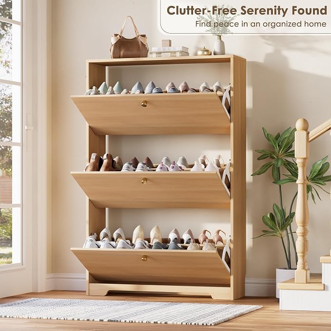 Nicetree Shoe Storage Cabinet, Slim Shoe Cabinet, Hidden Shoe Rack Cabinet, Shoe Storage Cabinet for Entryway, Hallway, Foyer, Natural Oak