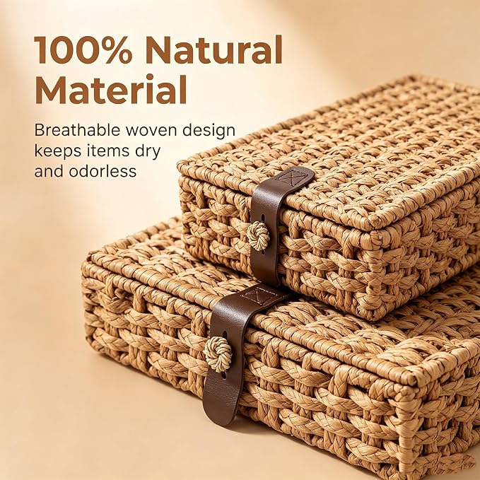 2 Pack Wicker Storage Basket with Lid, Woven Box with Lid, Wicker Basket With Lid for Shelf, Coffee Table, Console Table, Home Deco (Large/Small)