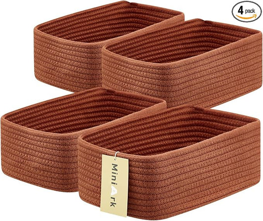MiniArk Small Storage Baskets for Organizing | Closet Organizer Bins | Shelf Toy Basket | Woven Rope Baskets | Cube Decorative Box | Shallow Basket | 11.5x7.5x4.7” | 4 Packs Oxide Red