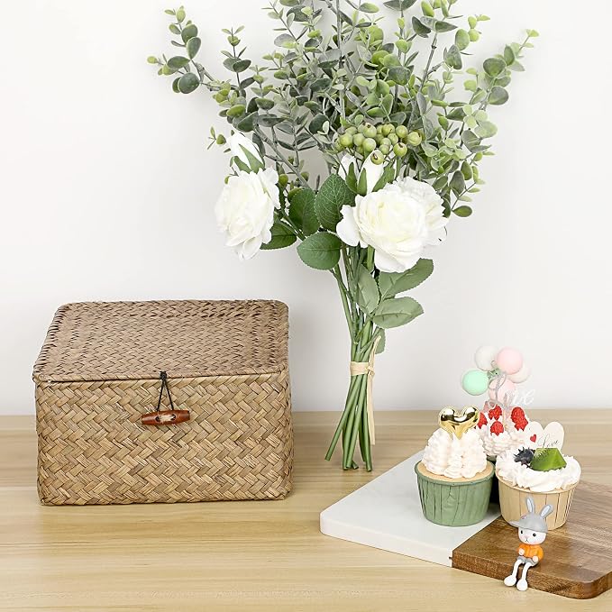 Hipiwe Small Wicker Shelf Baskets Handwoven Seagrass Storage Bin with Lid | Multipurpose Household Basket Boxes Square Basket Container for Shelves and Home Organizer, Coffee