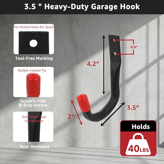 20-Piece Garage Storage Hooks System - 6x9.8” Utility Hooks with EVA Padding (50 LB Capacity) + 6 J Hooks & 6 Storage Straps, Wall Mount Organizer for Ladder, Bike, Tools and Garage Organization