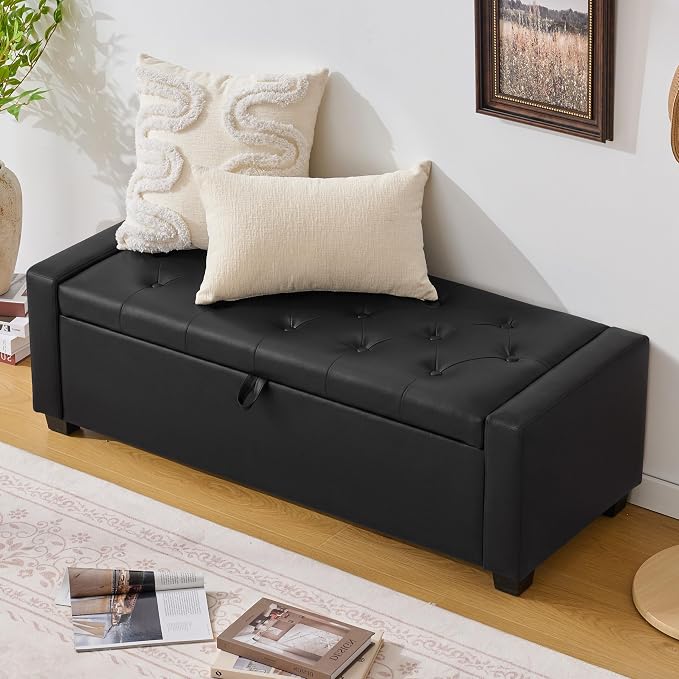Huatean Home 48" Ottoman with Storage, Light Black Storage Ottoman Bench | Upholstered Entryway Bench with Seating for Bedroom, Living Room with Safety Hinge, Holds up to 330 lb
