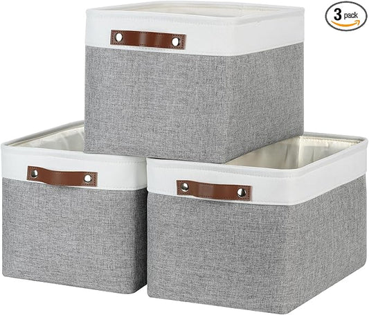 DULLEMELO Storage Baskets for Organizing, Rectangular Fabric Storage Bins Collapsible, Perfect for Shelves, Closets, Empty Gift Baskets (3-Pack Medium-15 inch X 11 inch X 9.5 inch , White&Grey)