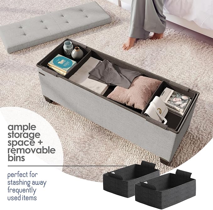 Storage Ottoman Bench with Bins, 43-in Storage Bench for Bedroom End of Bed, Folding Foot Rest Ottoman for Living Room Max 660lbs, Fabric Ottomans, Light Grey