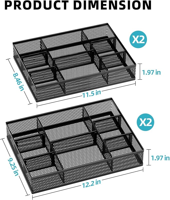 Marbrasse 2 Pack Desk Drawer Organizer, Mesh Drawer Organizer Tray with 8 Adjustable Compartments, Desk Organizers and Accessories, 5 Dividers Drawer for Office Supplies, Makeup & Vanity (Black-2P)