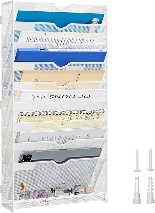 10-Tier Wall Mounted File Organizer, Metal Mesh Paper Holder (White)