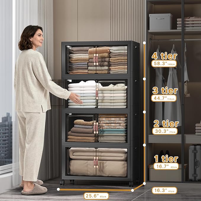 UAMFURI Stackable Storage Bins, 480QT Collapsible Drawers with 1 Lid | Large Capacity, Magnetic Door, Stack Lock, Rolling Wheels, Foldable Design, Organizers and Storage for Bedroom Dorm Garage