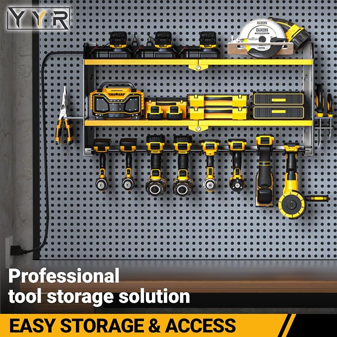 YYR Power Tool Organizer with Charging Station Wall Mount, Cordless Drill and Battery Holder for Garage Organization, Electric Tools Storage Rack Build in Surge Protection Power Strip - Yellow Shelf