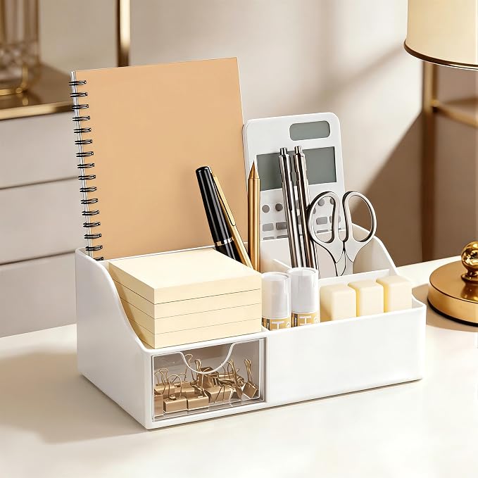 HBlife Acrylic Desk Organizer with Drawer, Pen & Pencil Holder, Multifunctional Desktop Caddy for Office Supply and Organization