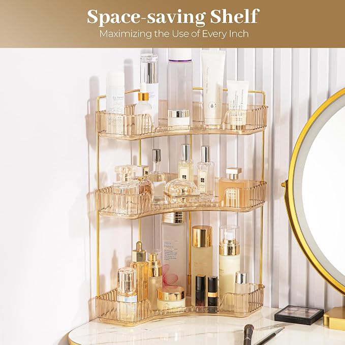 Aveniee Corner Bathroom Counter Organizer, Bathroom Countertop Shelf Makeup Organizer for Vanity Perfume Tray for Corner Storage (3 Tiers, Gold)