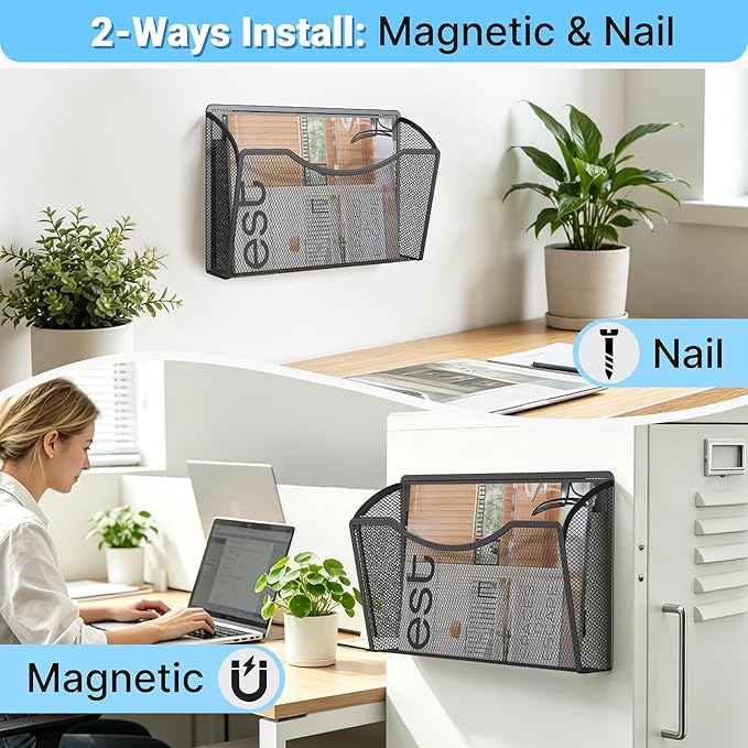 Gawerk Magnetic Wall File Folder, No Drilling Hanging Metal Document Paper Mail Organizer for Office Classroom Home (3)