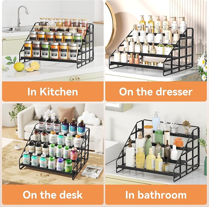 Bunoxea 4 Tier Adjustable Spice Rack for Cabinet & Countertop, Black | Depth Adjustable,Anti-drop Guard Rail,Tiered Cabinet Organizer,Holds 24+ Jars,for Cabinet, Pantry & Kitchen Countertop