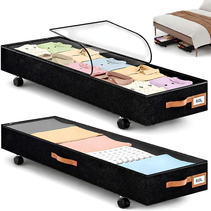 Under Bed Storage with Wheels 39inch, Extra Long Under Bed Storage Bins, Low Profile Under Bed Storage 5.5inch Height No Assemble Storage Containers, Under Bed Shoe Storage with Lids