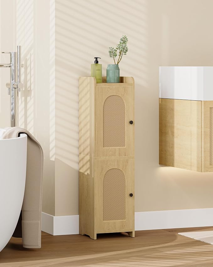 Hzuaneri Bathroom Storage Cabinet, Small Corner Floor Cabinet with 2 Doors | Narrow Toilet Paper Cabinets with Adjustable Shelf, Bathroom Organizer for Small Spaces, 7.9"D x 7.9"W x 29.5"H Rattan Yellow
