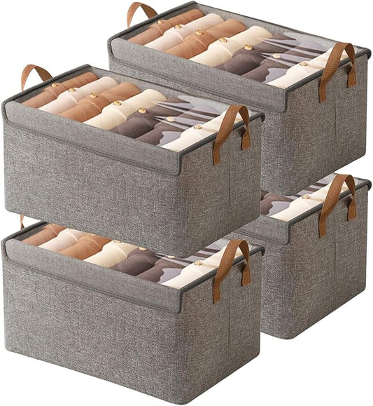 AARAINBOW Closet Clothes Organizer Bins 4 Pc, Fabric Box Storage Shelf Bins Stackable, Foldable Closet Shelf Storage Container with Lid, Fabric Storage Bin with Steel Frame, 23L (4 Gray with Lid)