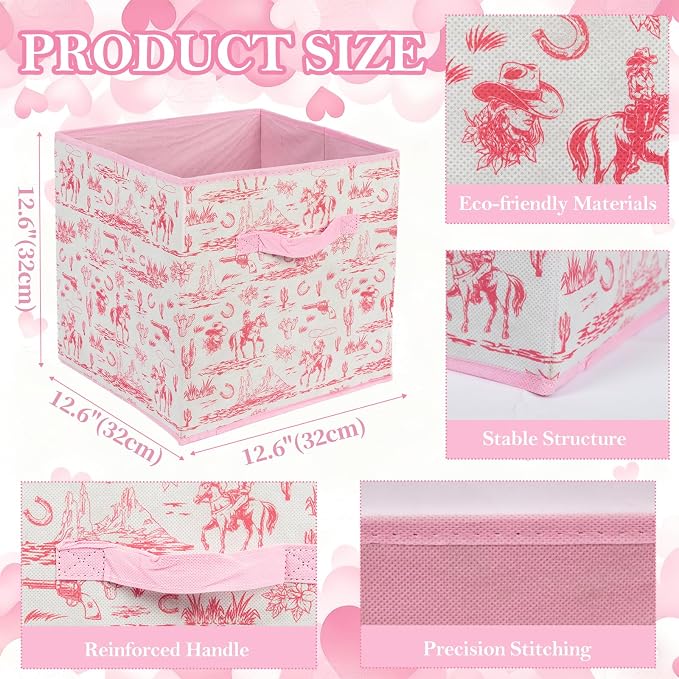 6 Pcs Pink Western Cube Storage Bins 12.5 Inch Cowgirl Storage Basket with Handle, Preppy Girls Organizer Basket, Collapsible Fabric Box for Classroom Bedrooms Office Home Decoration (Pink western)