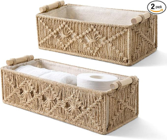Mkono 2Pc Macrame Storage Baskets, Boho Bathroom Toilet Paper Holder, Brown | Small Baskets for Organizing, Hand-Woven, Bohemian Beach Coastal Decor, Shelf Vanity Cabinet Bedroom Living Room Office Dorm