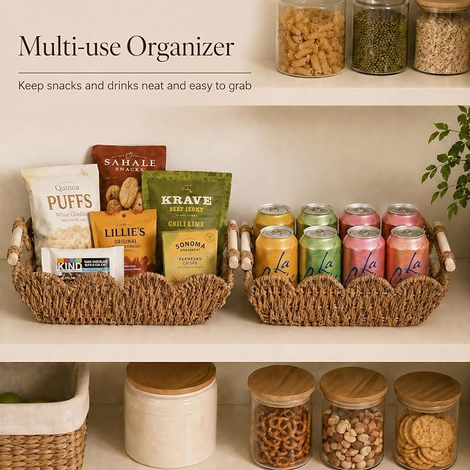 Coeusy 2 Pack Gift Basket, Cute Scalloped Basket with Handles, Decorative Basket for Display,Snack,Shelves, Natural
