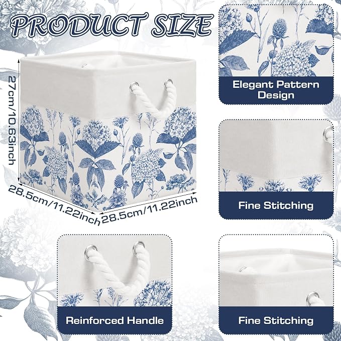LemonRoad 6 Pcs Blue Hydrangea Cube Storage Bins 11.22 Inch Square Storage Basket with Handle, Preppy Girls Organizer Basket, Collapsible Fabric Box for Classroom Bedrooms Office Home Decoration Gift