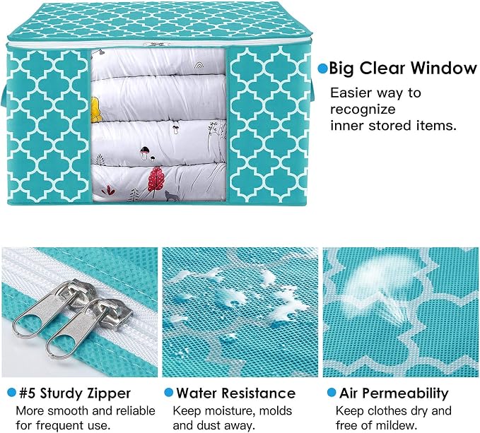 WISELIFE Storage Bags 100L 8-Pack Large Blanket Clothes Organization and Storage Containers for Bedding, Comforters, Foldable Organizer with Reinforced Handle, Clear Window, Sturdy Zippers,Green