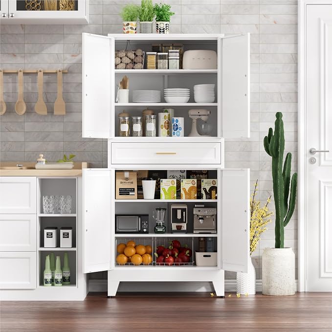 71" Tall Kitchen Pantry Cabinet,Farmhouse Pantry Cabinet,Metal Cabinet with Adjustable Shelves and Drawer,Storage Cabinet for Kitchen Dining Room Garage,White 1 Pack