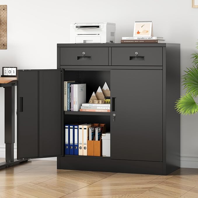 Metal Storage Cabinet, 36" Locking Cabinet with Adjustable Shelves for Garage, Office (Black, 2 Drawers)