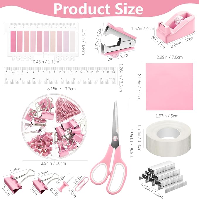 Fayoo 11 Pcs Pink Office Supplies Set Mesh Desk Organizer Accessories Kit | Include Stapler, Tape Dispenser, Staple Remover, Clips, Ruler, Scissors, Sticky Notes, for Office, School, Home, Women