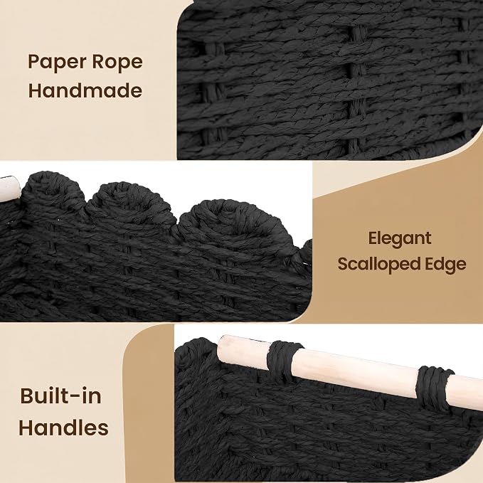 iEGrow Paper Rope Small Storage Baskets for Organizing, Set of 2 Scalloped Edge Wicker Basket with Wooden Handles Toilet Paper Basket for Over Toilet Storage Shelf, Home Decor, Living Room (Black)