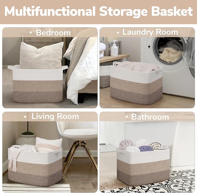 Goodpick 50L Large Woven Blanket Basket, 18" x 14" x 12", Gradient Brown | Decorative Storage Basket for Blankets, Pillows & Toys Storage, Living Room & Bedroom Organization, Stylish Home Decor