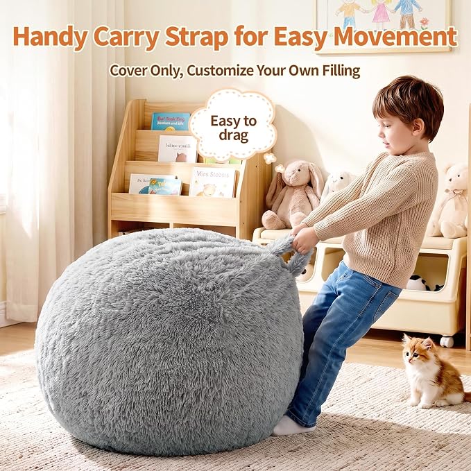 Stuffed Animal Storage Bean Bag Chair Cover, Soft Bean Bag Cover | Fluffy Faux Fur Stuffed Animal Storage Chair, Non-Slip Bottom, Fill with Plush Toys or Blankets, for Adults Teens Kids Girls