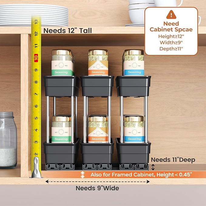 Mystozer Pull Out Spice Rack Organizer for Cabinet, Slide Out Spice Racks Organizer, Easy to Install Spice Cabinet Organizers, 8.5''Wx10.5''Dx8.3''H, 3 Drawers - 2 Tiers (Black)