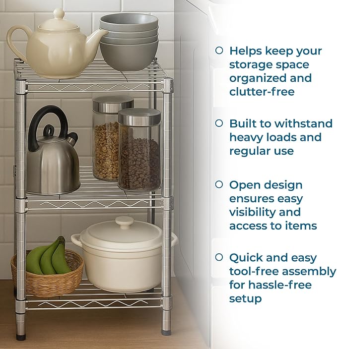 Honey-Can-Do 3-Tier Stackable Chrome Wire Shelf, 200 lb/Shelf, 15x14x30 in | 600 lb total in a compact footprint; stacks & connects into a custom wall; fits counters & closets; no-tool build