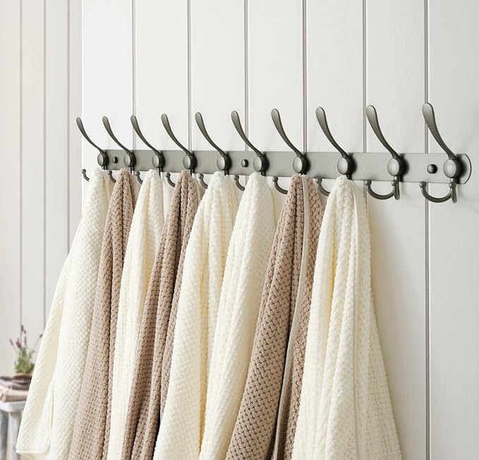 Dseap Coat Rack Wall Mount - 38” Long 10-Tri-Hooks Heavy Duty Coat Hanger Rail Wall Hooks for Hanging Coats Hats Clothing Clothes Purse Mudroom Entryway, Gray