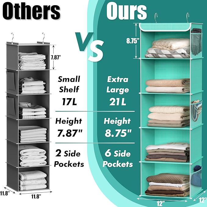 Simple Houseware 5 Shelf Hanging Closet Organizer, Turquoise | 360° Rotating Dual Hooks, Top Support Metal Frame, 6 Side Mesh Pockets