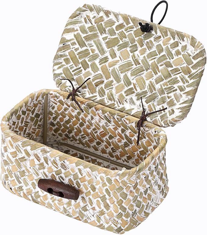 Hipiwe Wicker Shelf Basket Box with Lid Decorative Basket Handwoven Seagrass Storage Organizer Basket Decorative Basket, Whitewas 4.3" x 2.5" x 2.1"