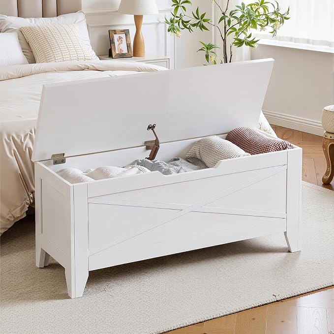 VECELO 43.3" Storage Chest with Lift Top Storage, Farmhouse Style Ottoman with Handwoven Wicker Cushion, Safety Hinges, Ideal for Entryway, Bedroom, Living Room, Ivory White