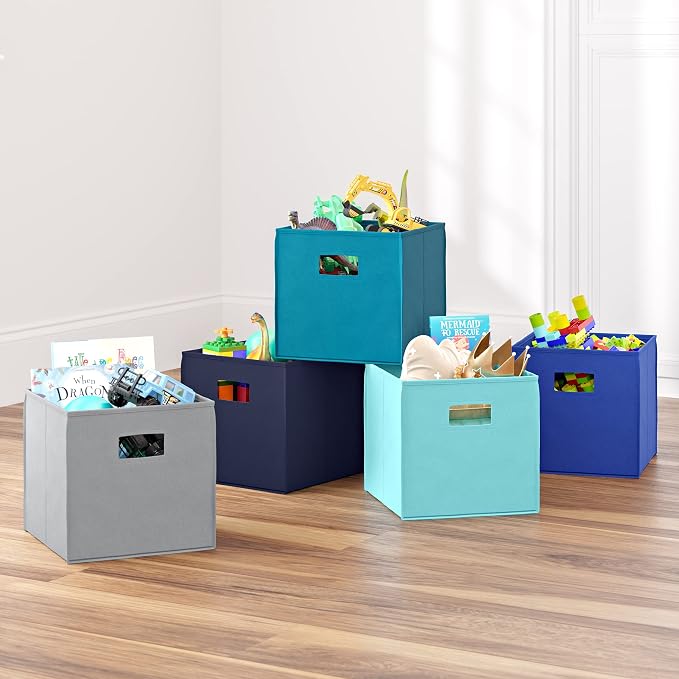 RiverRidge Folding Storage Bins - 2-pack of 10in Tall Turquoise Cubes | Fabric Bins, Set of 2 Storage Cubes, Cut-out Handles, Playroom Closet Organizer, Collapsible Cubby with Bottom Board Insert