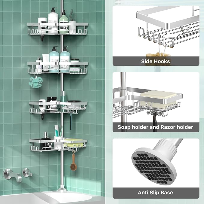 DAOYA Corner Shower Caddy Tension Pole 4 Tier Shower Caddy Organizer Silver | WIth 28 Hook/2 Soap Dish/ 2 Razor Holder, Rustproof, For Bathtub/Bathroom, Floor to Ceiling 25-114 Inch, Simple Install