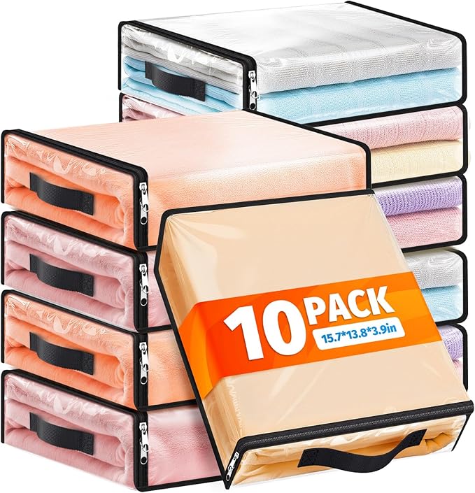 SpaceWhisper Clear Sheet Storage Bags, 10 Pack, 15.7 x 13.8 x 3.9 in | Sheet organizers and storage, zippered closure, thick plastic, reinforced handles, clothes, blankets, under-bed storage