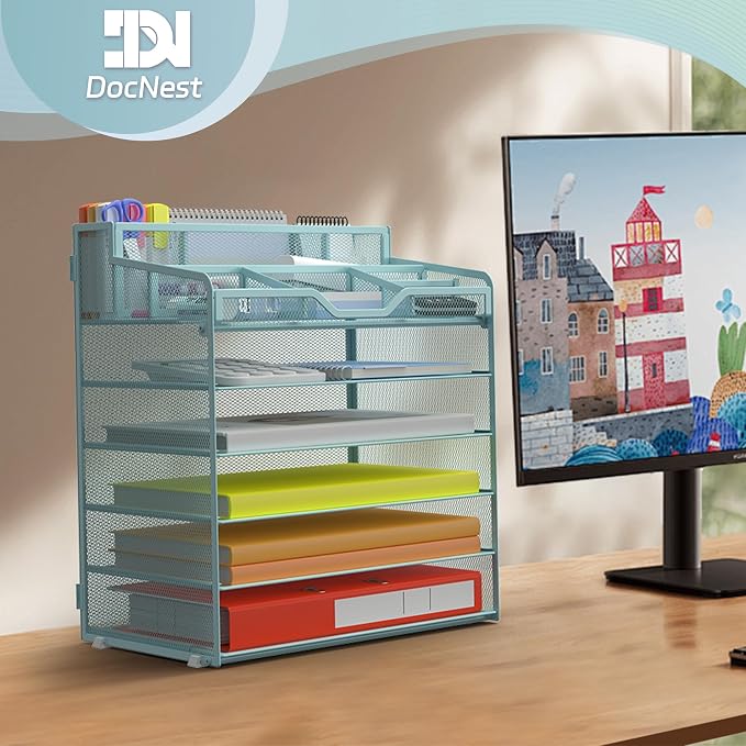 Docnest 6 Tier Mesh Desk Organizer with Letter Tray & Paper Sorter, Blue | Features 3 built-in pen holders & 5 adjustable compartments on top. Includes 4 non-slip rubber feet for desk protection
