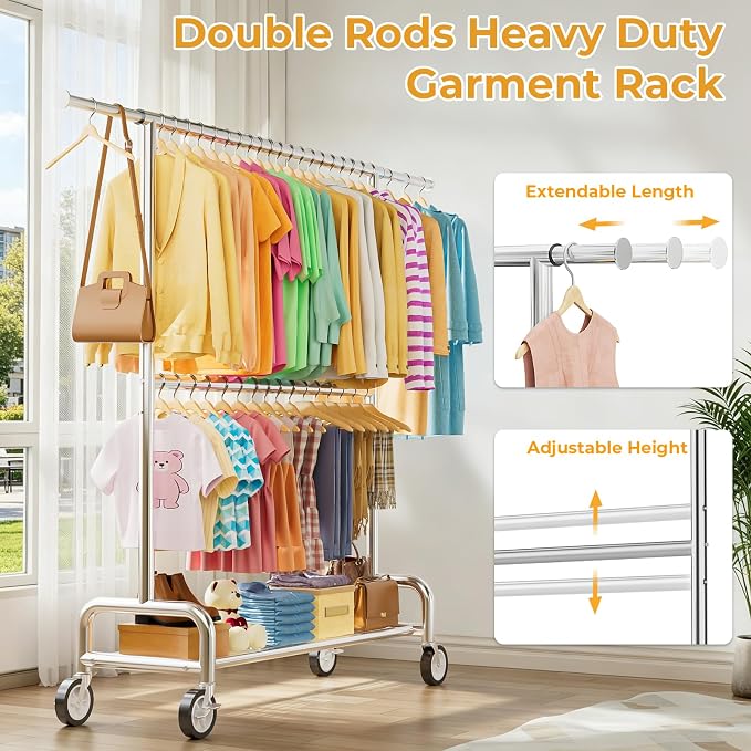 Heavy Duty Clothes Rack Load 860LBS, Double Rods Rolling Clothing Racks for Hanging Clothes, Rolling Garment Rack With Sturdy Wheels Shelves, Portable & Adjustable Commercial Garment Rack, Silver