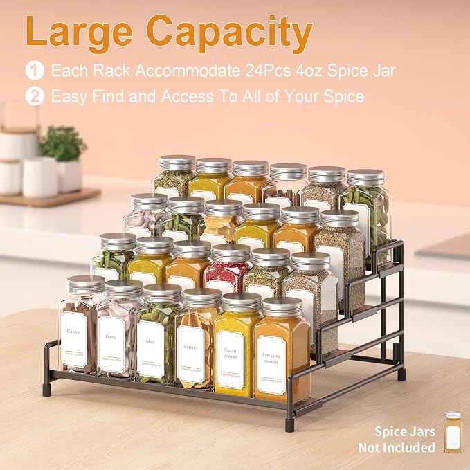 RUILALIFE 4-Tier-Spice-Rack-Organizer-for-Cabinet, Adjustable Depth Spice Holder Shelf For Countertop Pantry Cupboard, Metal Tiered Seasoning Organizer,Display Shelf Riser (Black-1 Pack)