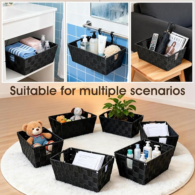 Black Storage Baskets for Shelves, Woven Shelf Baskets for Organizing, Small Strap Organizer Basket for Bathroom Storage, Set of 4