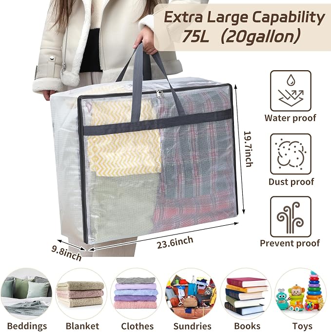 Storage Bags 4 Pack 75L XL Mesh Clear for Blankets Clothes Comforter