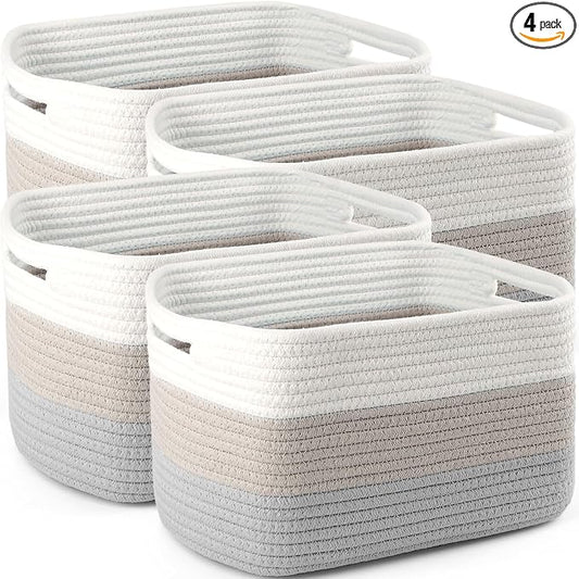 4 Pack Large Storage Baskets for Organizing, 16''Lx12''Wx8''H Woven Baskets for Storage Toys, Towels, Books, and Clothes, Cotton Rope Basket for Shelves with Handle