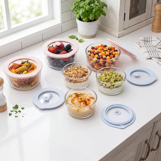 Glass Food Container Set with Glass Lid, 6 Pack, Meal Prep Containers with Silicone Framed Airtight Lid, Leakproof, 100% Plastic Free,