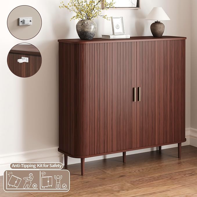 DHH Shoe Storage Cabinet with Sliding Door, 6-Tier Shoe Cabinet with Adjustable Shelves, Modern Freestanding Shoe Storage Organizer for Entryway, Hallway, Living Room (Walnut, 47 ")